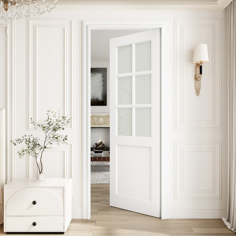Porte intérieure 32 po x 80 po en verre trempé givré 6-Lite, porte intérieure à finition blanche prête à peindre, sans quincaillerie, pour la chambre à coucher, le placard, le couloir, le salon, le garde-manger et la salle de bain , Française et pliante