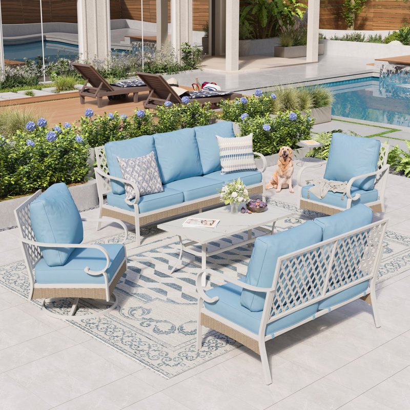 Tapasi 7-Person Patio Conversation Set with Loveseat & Swivel Lounge Chairs, Blue