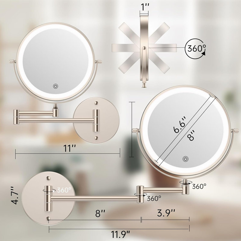 Miroir de maquillage mural pour salle de bain Vanna, Nickel brossé