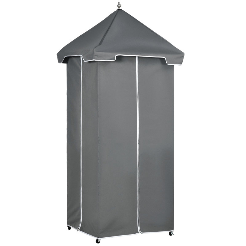 Serviteur de valet pour l'extérieur Outsunny, porte-serviettes de piscine couvert, tablette, panier, rangement en osier de rotin pe sur roulettes, gris