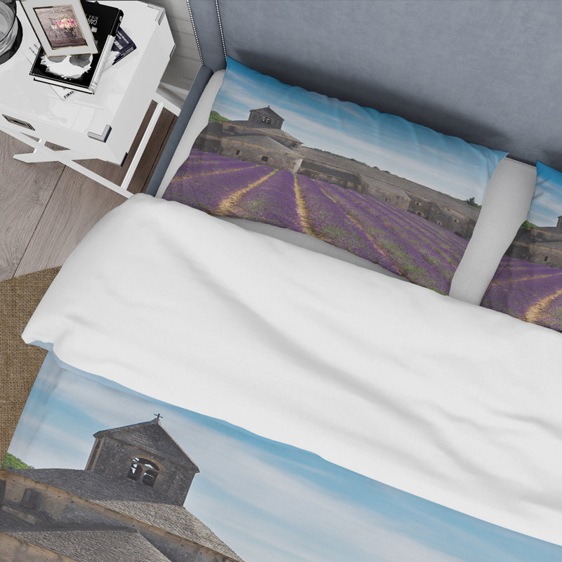 Champ de lavande avec abbaye en France - Ensemble de housse de couette Farmhouse - Microfibre de polyester