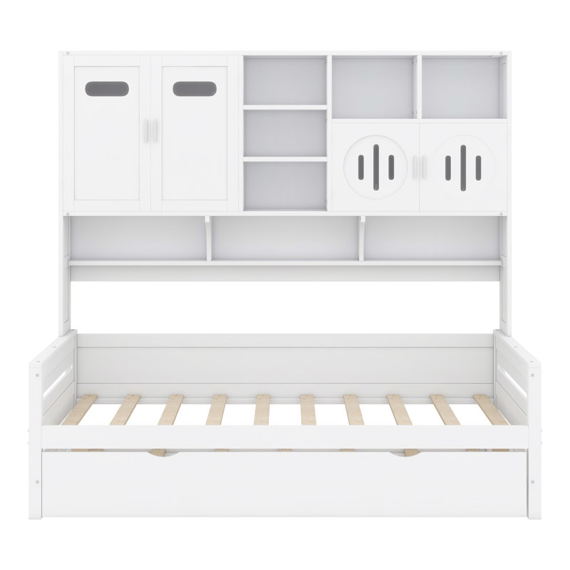 Wooden Daybed With Trundle, And All-In-One Cabinet And Shelf, Gray, Twin