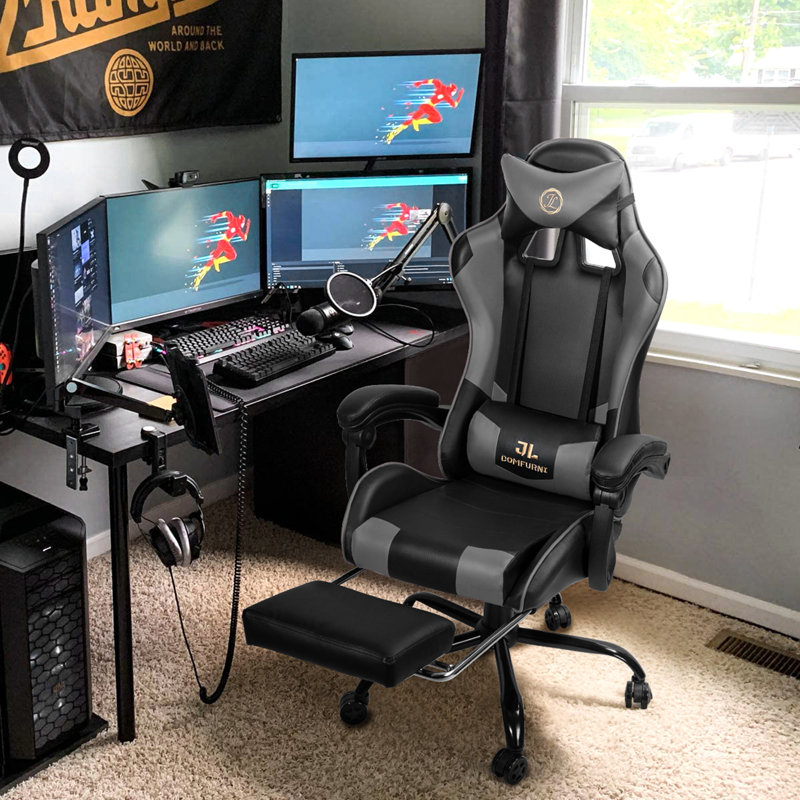 Footrest Gaming Chair with Lumbar Pillow Massage Function, Grey/Black