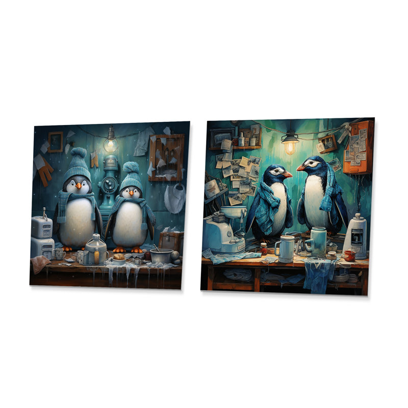 Chilly Penguins Laundry Room I - Ensemble de 2 carrés en métal, H 29 po x l 58 po