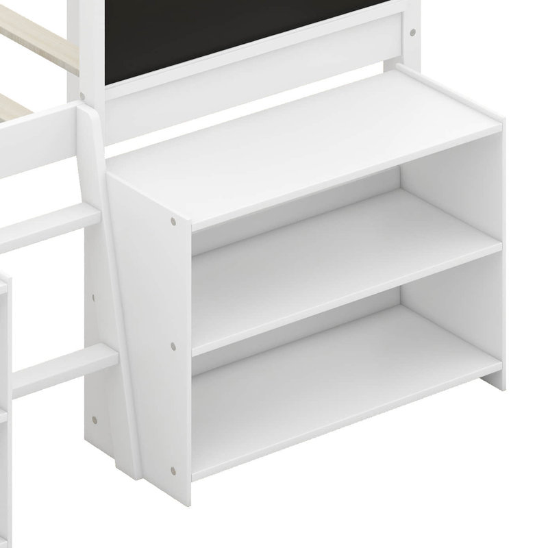 Lit mezzanine simple avec deux tablettes et échelle mobiles, Blanc