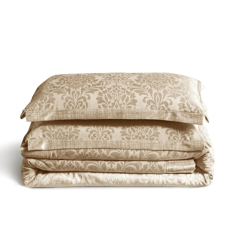 Emilia Bedspread Set with Pillow Shams – Luxury Jacquard Damask Coverlet Bedding for Double, King & Super King Sizes, Beige