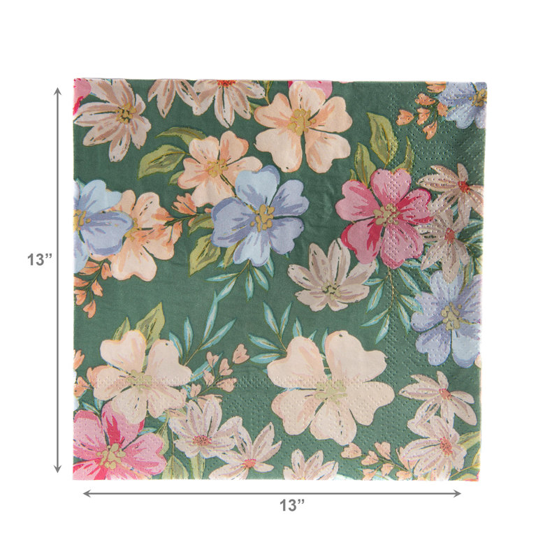 Paquet de 20 serviettes de table à motif floral 3 plis sur fond vert - ensemble de 6
