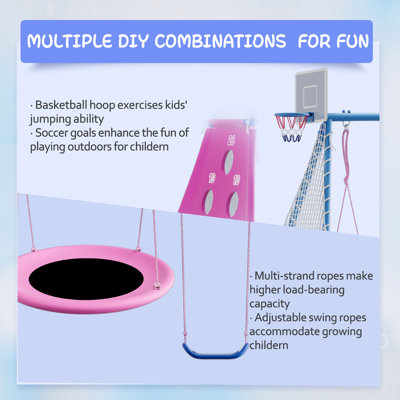 Ensemble de balançoire en métal 5-en-1 pour cour arrière, aire de jeu extérieure pour enfants avec glissade, soucoupe et balançoires à ceinture simple, panier de basketball + but de soccer, cadre en A robuste pour les enfants de 3 à 10 ans