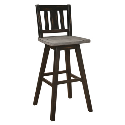 2 chaises de bar hautes, gris et noir vieilli, en bois d'hévéa massif, pivotantes à 360°, dossier à lattes verticales, pour salle à manger ou bar. Style rustique.