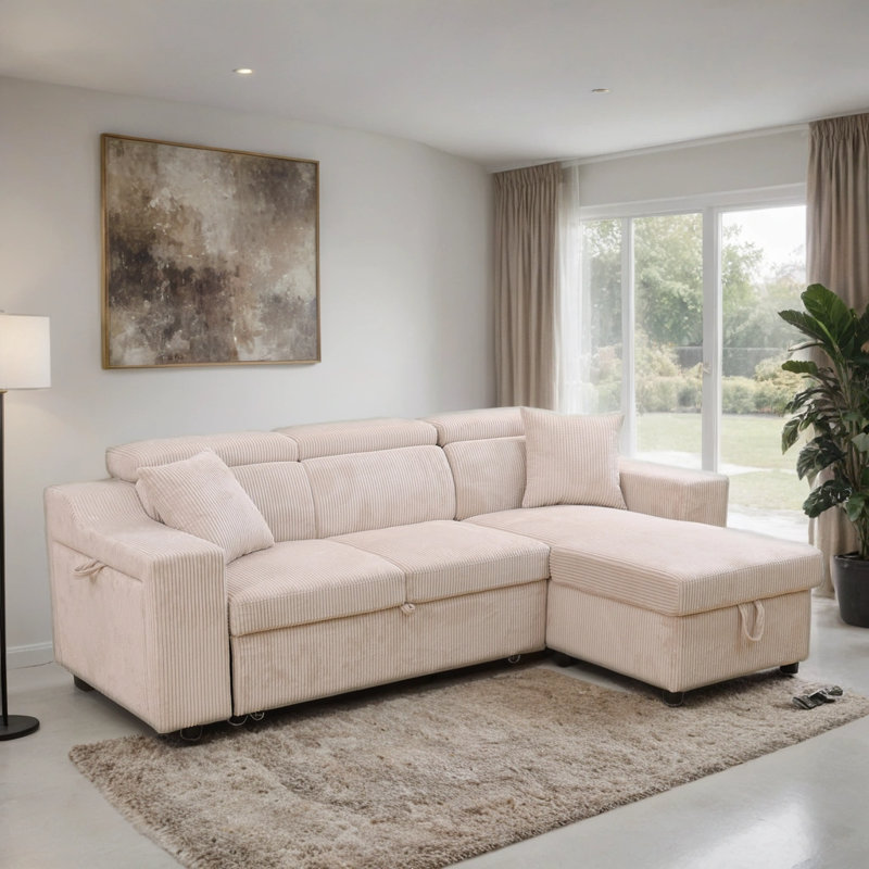 Canapé-lit extensible en velours côtelé 3 pièces de qualité supérieure avec appui-tête réglable, porte-gobelets dissimulés et rangement sous la banquette