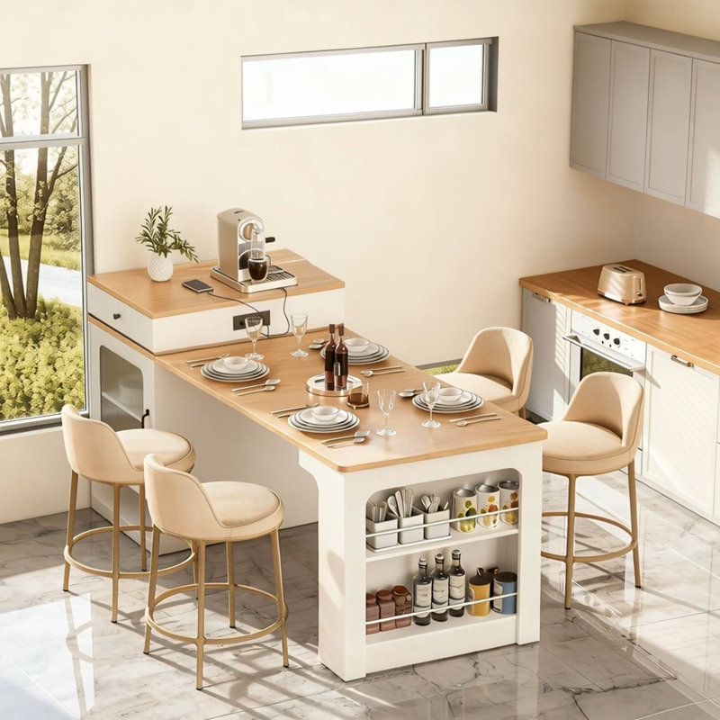 Îlot de cuisine à rangement extensible avec rangement double face et prise de courant, Blanc