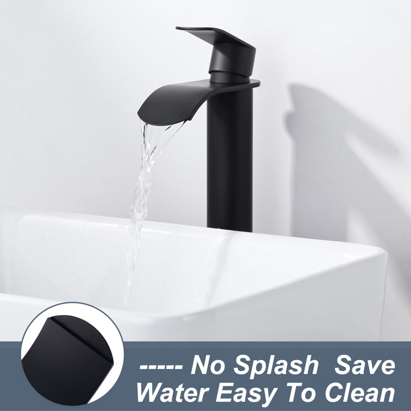 Waterfall Single Handle Tall Bathroom Faucet With Pop Up Drain, Matte Black