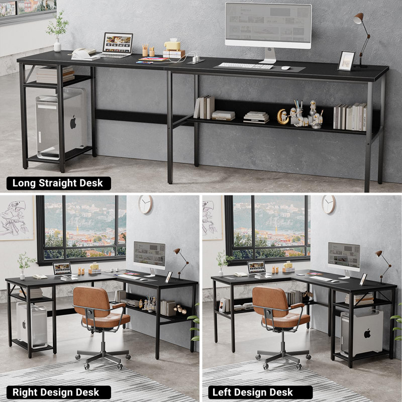 Afjol 47'' L Shaped Desk with Magic Power Outlets, USB Charging Ports and Storage Shelves, Black/Black