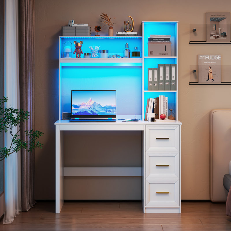 Computer Desk with Power Outlet and Tri-Color Light, Home Desk with Shelves and Drawer, White