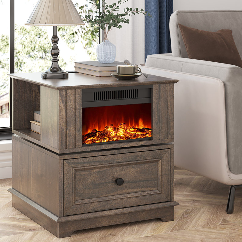 Bilbe 23''Tall Freestanding Electric Fireplace Heater End Table with Drawer and Built-in Outlets, Brown