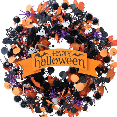Couronne de buis orange et noire de 56 cm (22 pouces) avec araignée fantôme pour porte d'entrée, couronne de baies de buis douces au toucher pour l'intérieur et l'extérieur, couronne avec inscription « Joyeux Halloween » pour la décoration de la maison