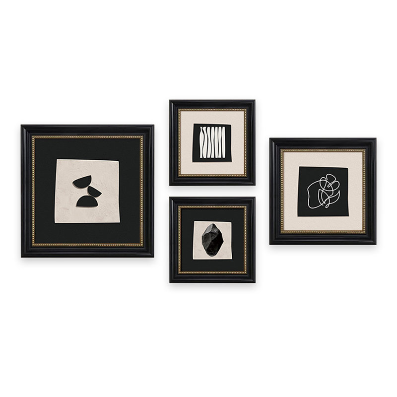 Ensemble d'art mural moderne Mid-Century sur toile abstraite pour le salon - 4 pièces, imprimé géométrique noir et blanc avec cadres