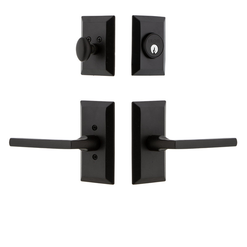 Ensemble de porte d'entrée en fer Ageless avec verrou à cylindre simple et levier Dirk Ageless, À gauche, 2.75