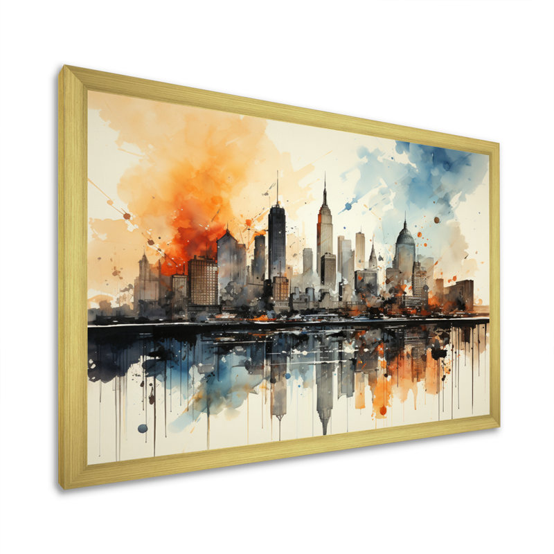 Aquarelle colorée de paysage urbain coloré de New York II - New York, H 30 po x l 40 po x P 1,5 po, Cadre doré simple