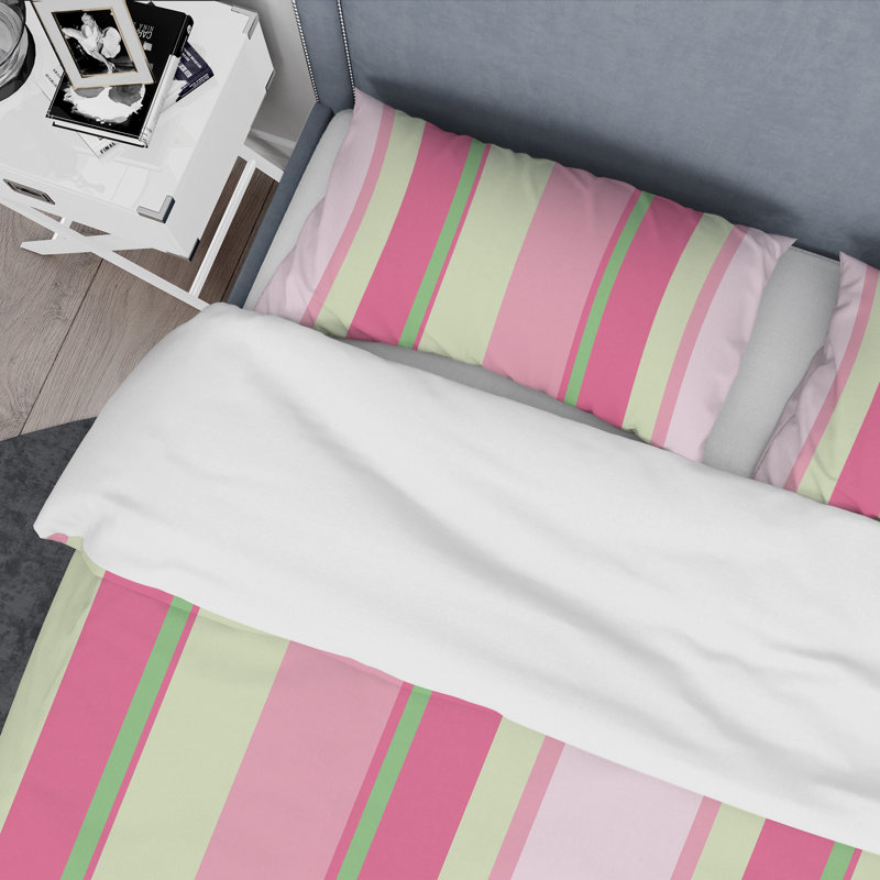 Pink and Green Striped Pattern - Abstract Duvet Cover Set - Microfiber Polyester