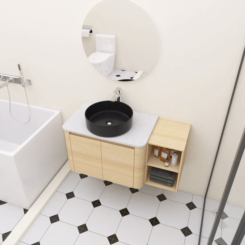 Meuble-lavabo mural 42 po avec lavabo d'art en céramique et 1 tablette de rangement, chêne blanc américain, Noir