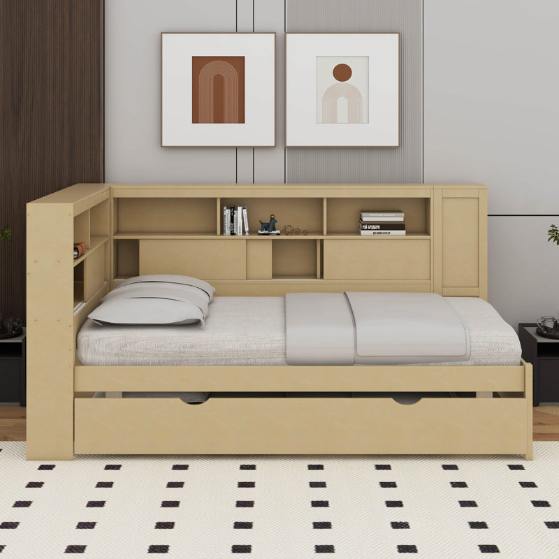 Lit de jour simple avec tablettes, USB et lit gigogne, Naturel