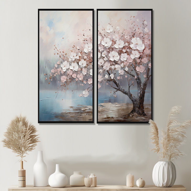 Fleur de cerisier rose et gris I - art mural traditionnel, H 20 po x l 24 po, Noir, Impression encadrée flottante