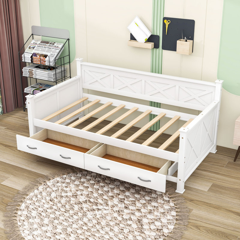 Shirl Twin Size Two Drawers Wooden Daybed, Cream White