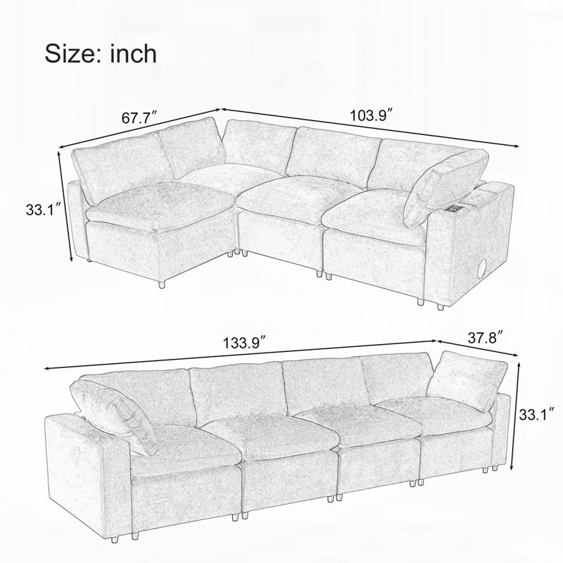 Upholstered Modular Sofa with with Storage Space, USB Charge Ports,Wireless Charging and Built-in Bluetooth Speaker in Arm