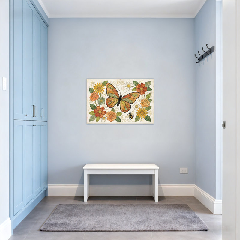 Animaux, papillon, abeille, fleurs, feuilles, motif de jardin, conception artistique, H 12 po x l 18 po
