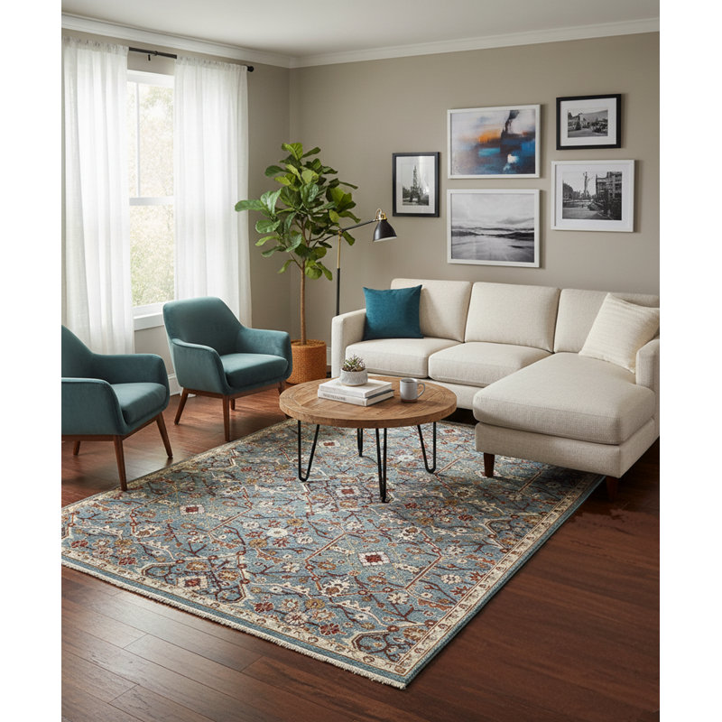 Hand Knotted Blue Persian Area Rug | Handmade Traditional Floral Wool Rug | Turkish Transitional Decor for Living Room & Bedroom