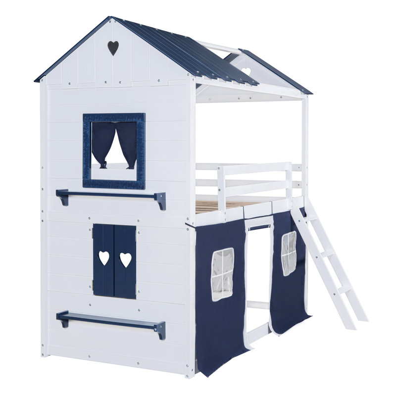 Low House Style Bunk Bed With Roof, Full , White/Blue