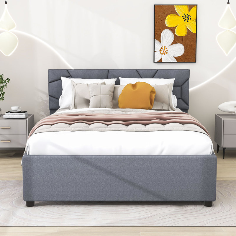 Ellionna Upholstered Platform Bed with Trundle and Headboard, Gray, Queen