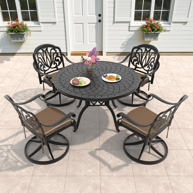 5-Piece Round Cast Aluminum Patio Dining Set with Swivel Chairs & Cushions, 28.35" H x 47.24" L x 47.24" W