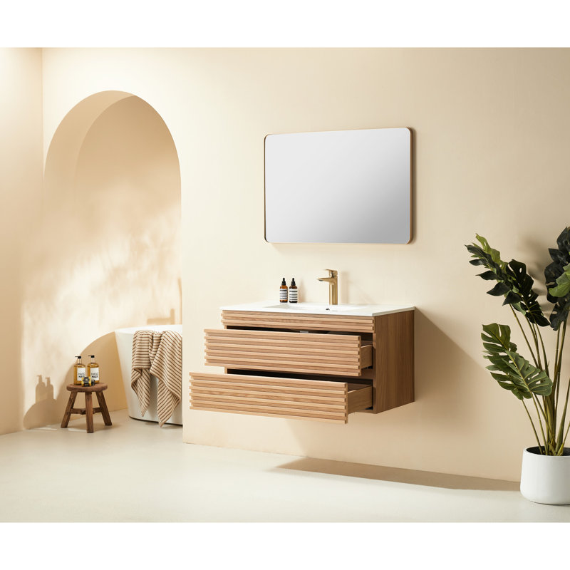 Meuble-lavabo simple 36 po, mural et flottant, lavabo en céramique, entièrement assemblé, noyer naturel, contreplaqué pour plus de fiabilité Meuble-lavabo flottant 36 po avec rangement, rangement bien rangé