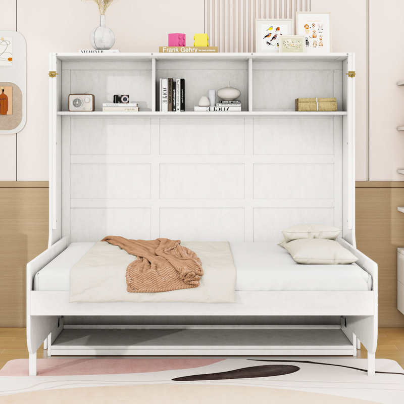 Lit escamotable double avec bureau et tablettes de rangement