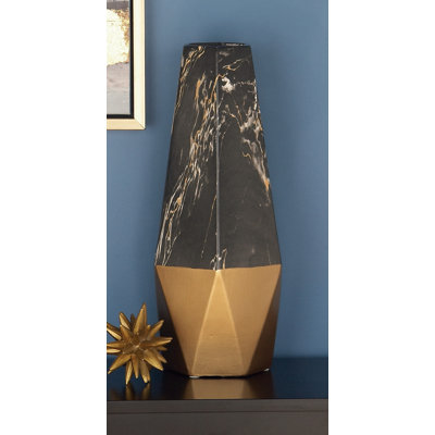 Bhavya Ceramic Faux Marble Decorative Dark Grey Vase with Gold Base