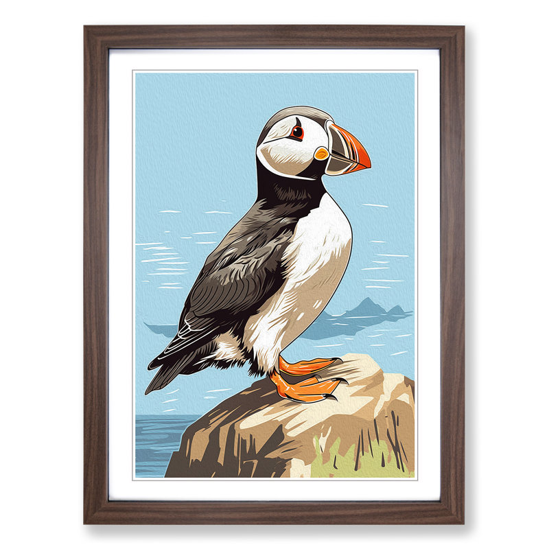Puffin Line - Single Picture Frame Print on Wood, 34cm H x 25cm W x 2cm D, Walnut