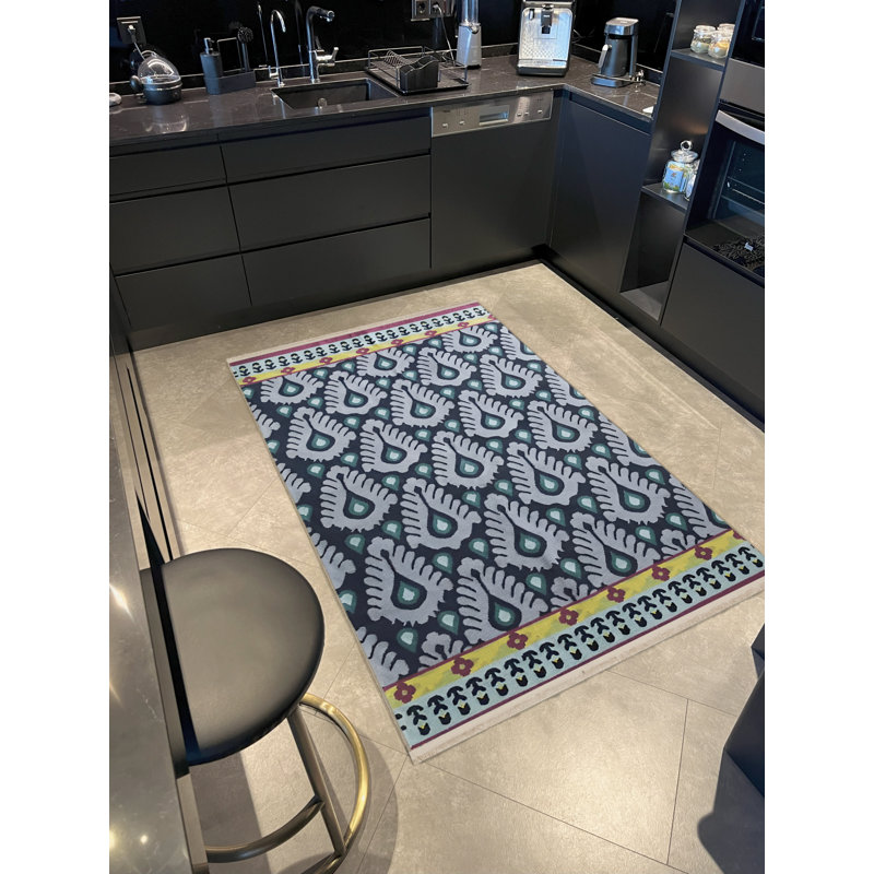 Tapis décoratif moderne à motif de fleurs bleues, Tapis de couloir 3 pi 3,37 po x 6 pi 6,74 po