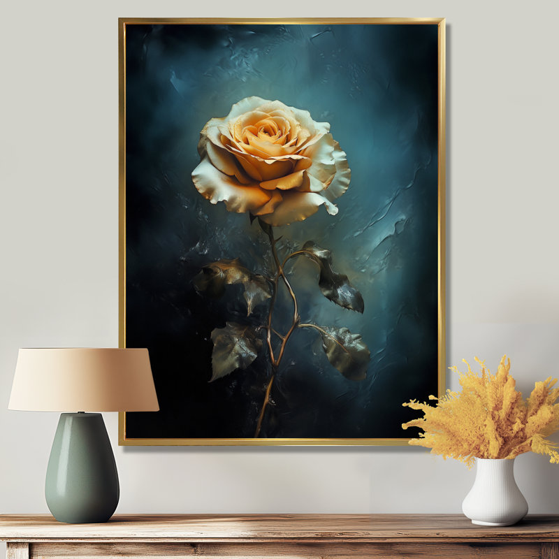 Jaune jaune rétro - art mural rose, Toile avec cadre flottant or, H 32 po x l 24 po x P 1 po