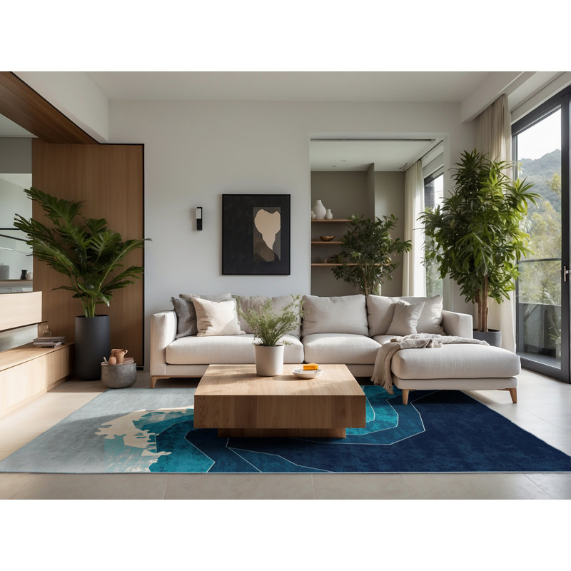 Tapis bleu moelleux à motif géométrique moderne et contemporain Soft - peluche Eaddy, 6 po de diamètre