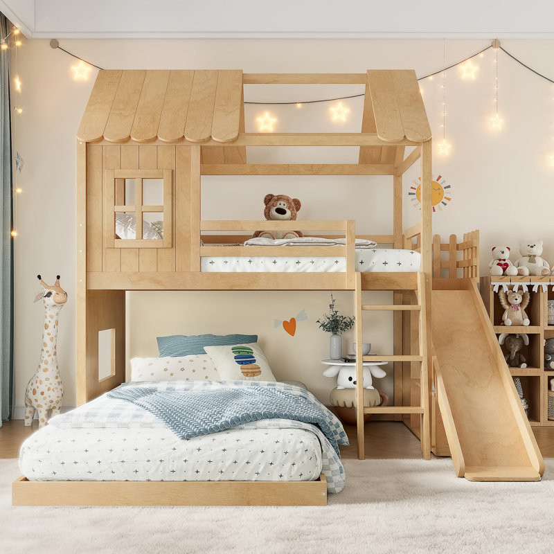 Twin Over Full Solid Wood House Bunk Bed with Shelves, Wardrobe and Slide, Natural