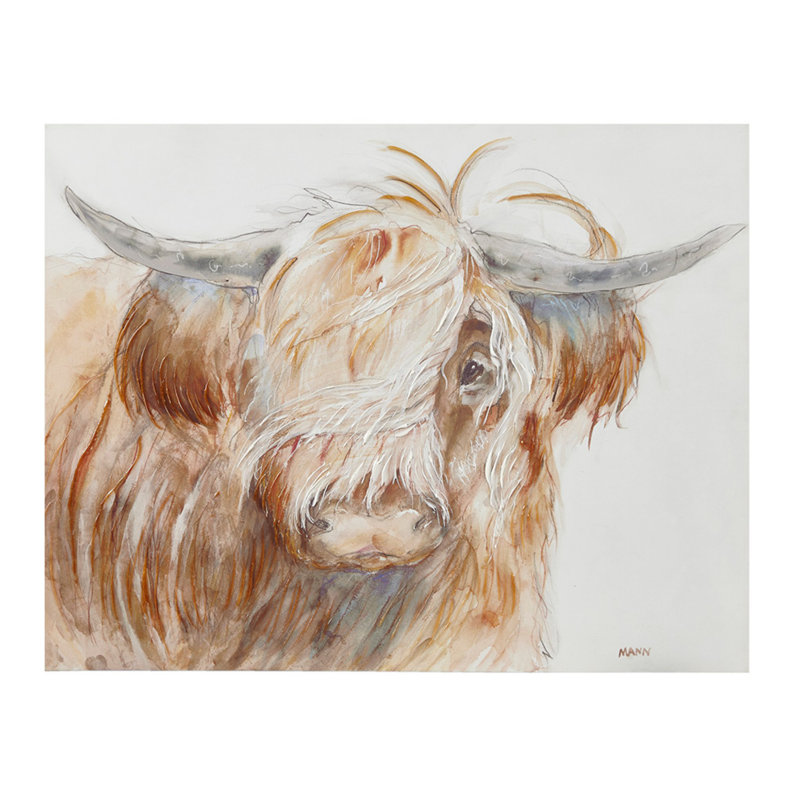 Hand Embellished Highland Bull Canvas Wall Art in Brown and White