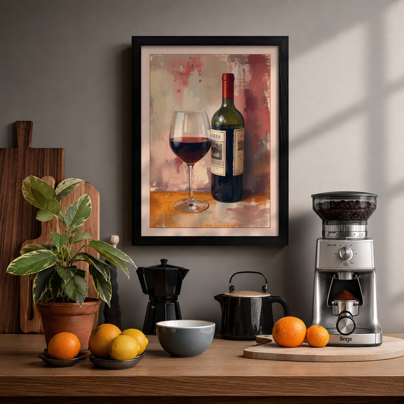 Wine & Glass Boho - Framed Print, Black, A3 - 42.0 x 29.7 cm
