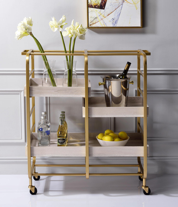 Washed Serving Cart with 4 Adjustable Trays, Gold, White