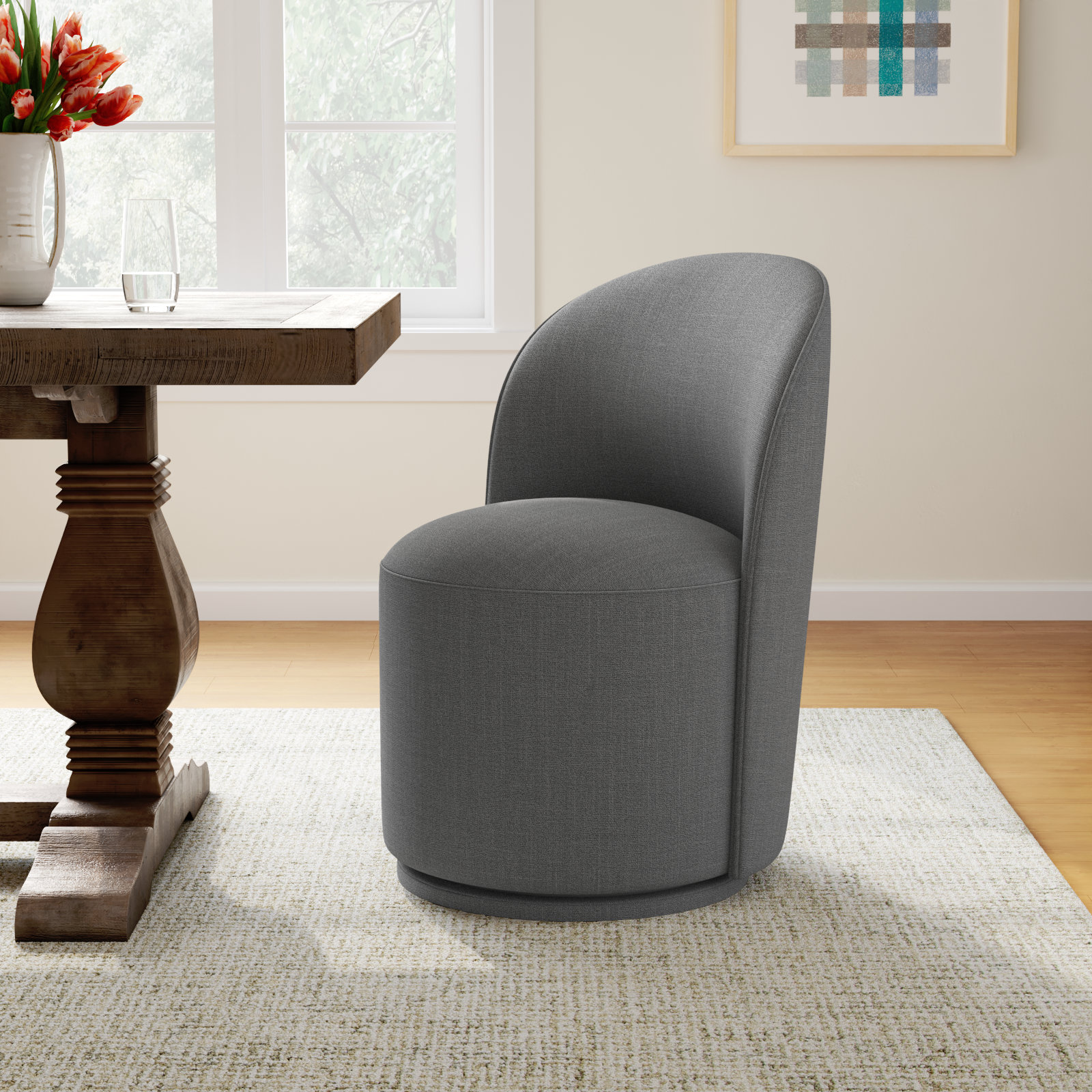 Sharlene Swivel Dining Chair, Effie Smoke Performance Linen