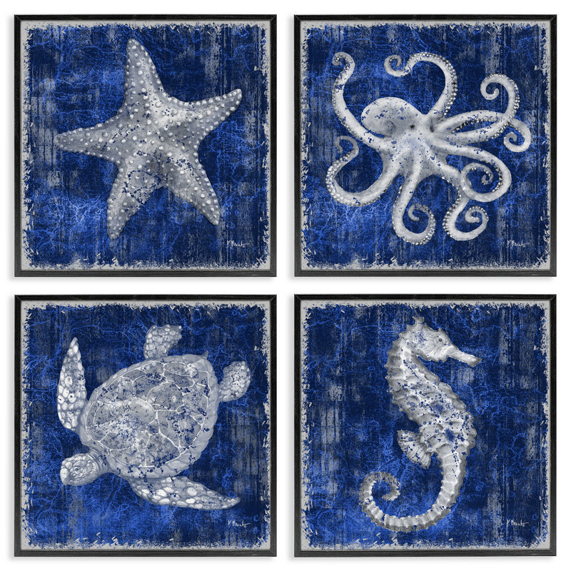  «Sea Life on Abstract Blue», ensemble de 4 giclées par Paul Brent, Giclée encadrée noir minuit, H 12 po x l 12 po