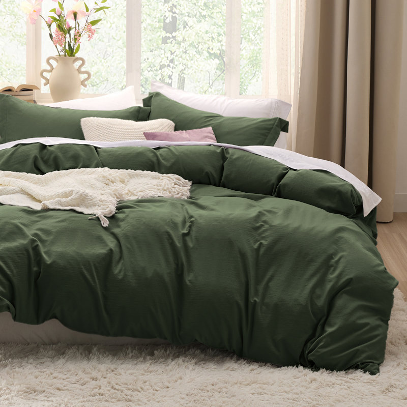 Bedsure Microfiber Duvet Cover Oversized Queen Size - Prewashed Cotton-Like Extra Soft Bedding Set (Set of 3), Olive Green