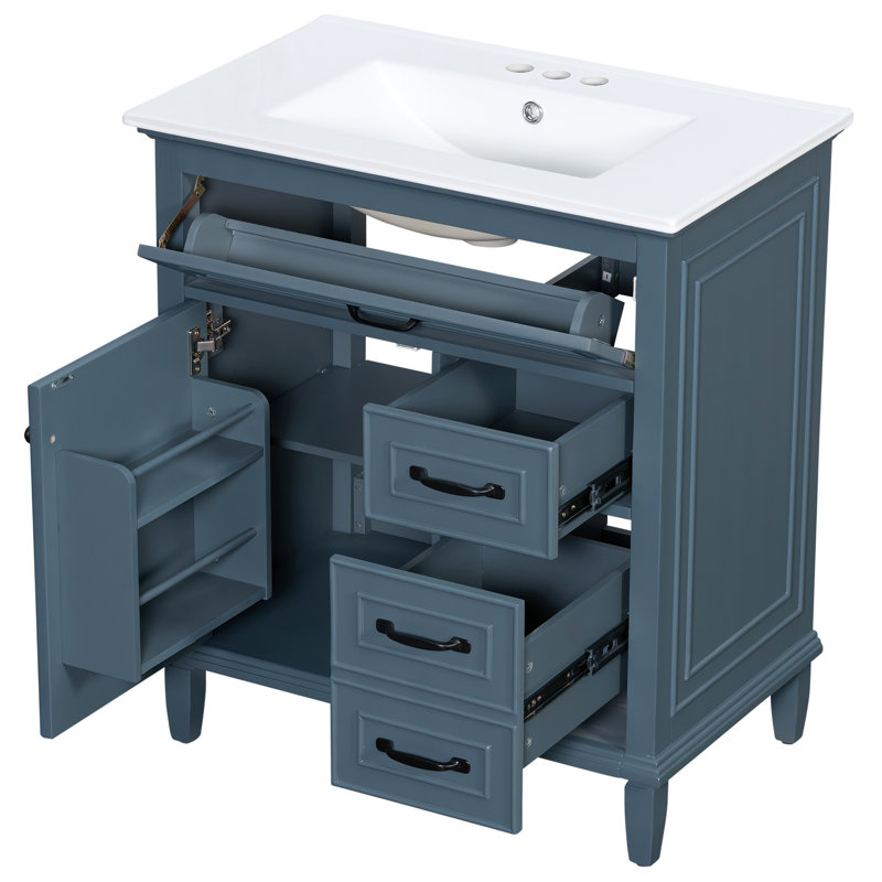 30" Freestanding Bathroom Vanity With Ceramic Sink, Solid Wood Frame Cabinet With 1 Flip Drawer, 2 Drawers And Door Storage Rack
