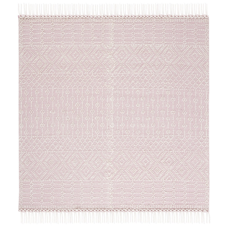 Tapis ivoire / rose en laine tissé à la main Aldeline, Carré 8 pi